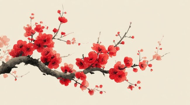 Delicate, red blossoms cluster on a gracefully curving branch, rendered in a style reminiscent of East Asian ink painting, against a muted beige background