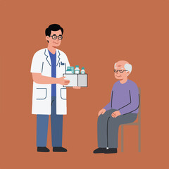 A friendly cartoon doctor in a lab coat stands holding medications while an older man with glasses sits on a chair, in a warm and approachable healthcare scene.