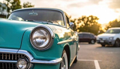 Fototapeta premium Vintage Teal Car Headlight Close Up at Sunset in City Parking Lot