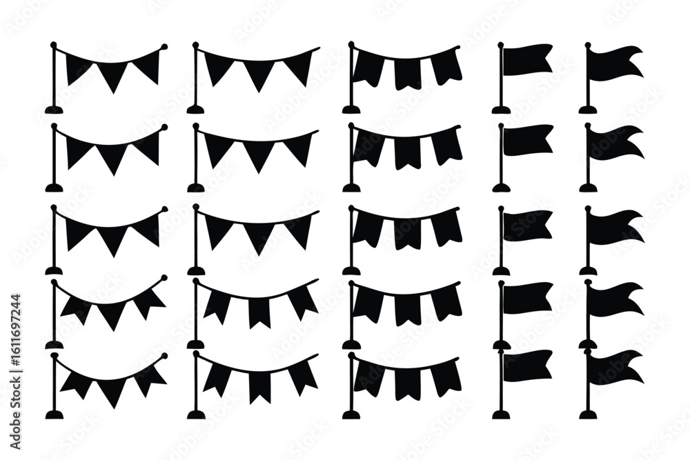 Poster set of flags and pennants: a collection of various flags and pennants presented as silhouettes. they