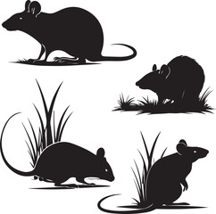 Silhouette Sensations Four Rodents Playfully Posed Amidst Verdant Grass A Black and White Rodent Wonderland