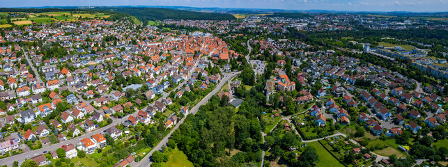 Aerial panoramic view of the old town city Bietigheim in Germany, on a sunny spring day	