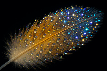 Feather covered in water droplets glowing in blue and gold under macro lens