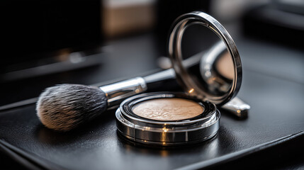 Compact powder and makeup brush on dressing table