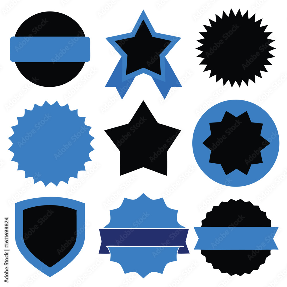 Poster collection of black and blue badge and label vector graphics for web design and marketing materials