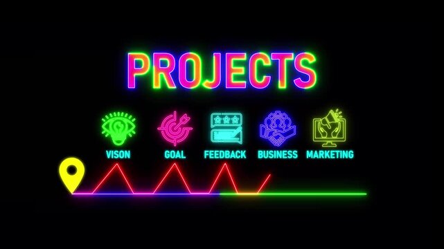 glowing neon process concept with thin line icons on black background. Infographic design. Chart with animated icons.