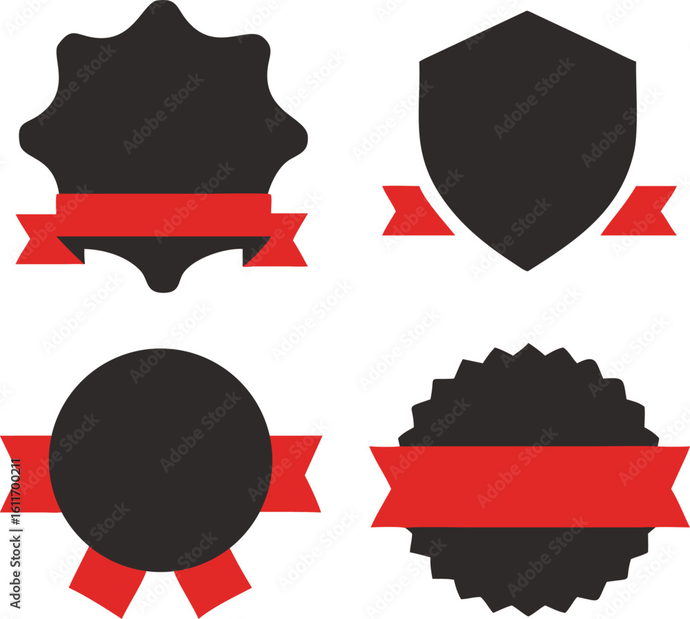 Poster collection of four black and red badge and label vector illustrations on a white background for desi