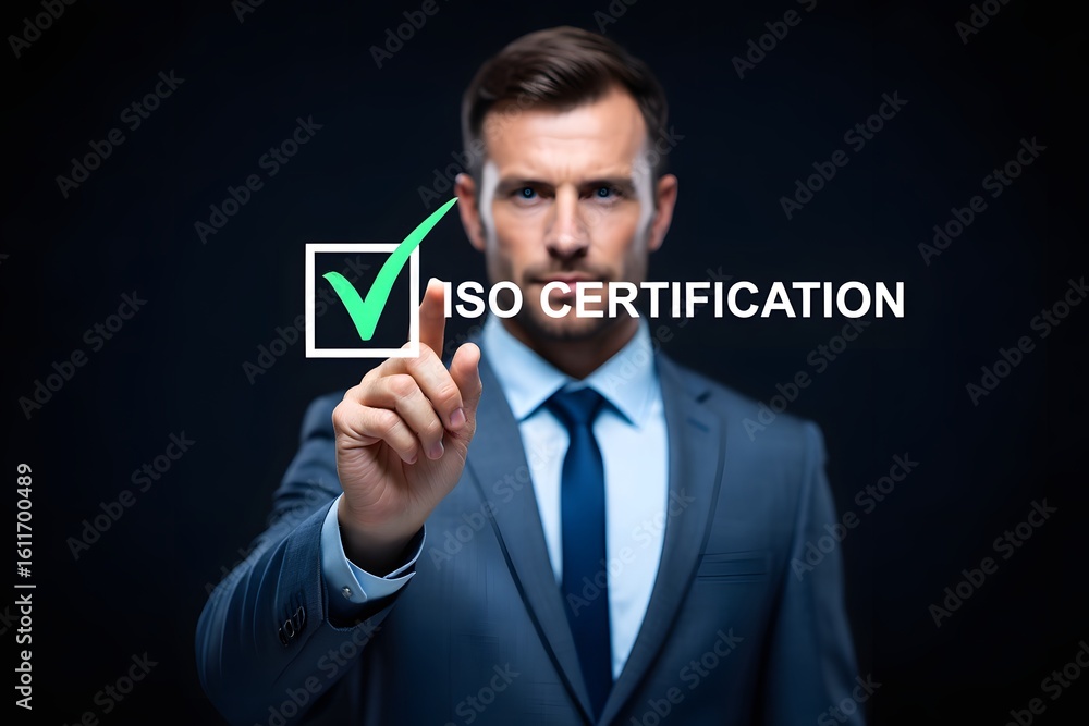 Aufkleber iso certification approval concept. a person highlighting iso certification process with a glowing c