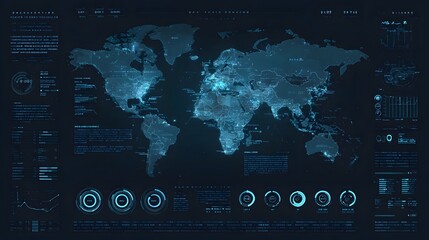 Global digital map with data visualizations.