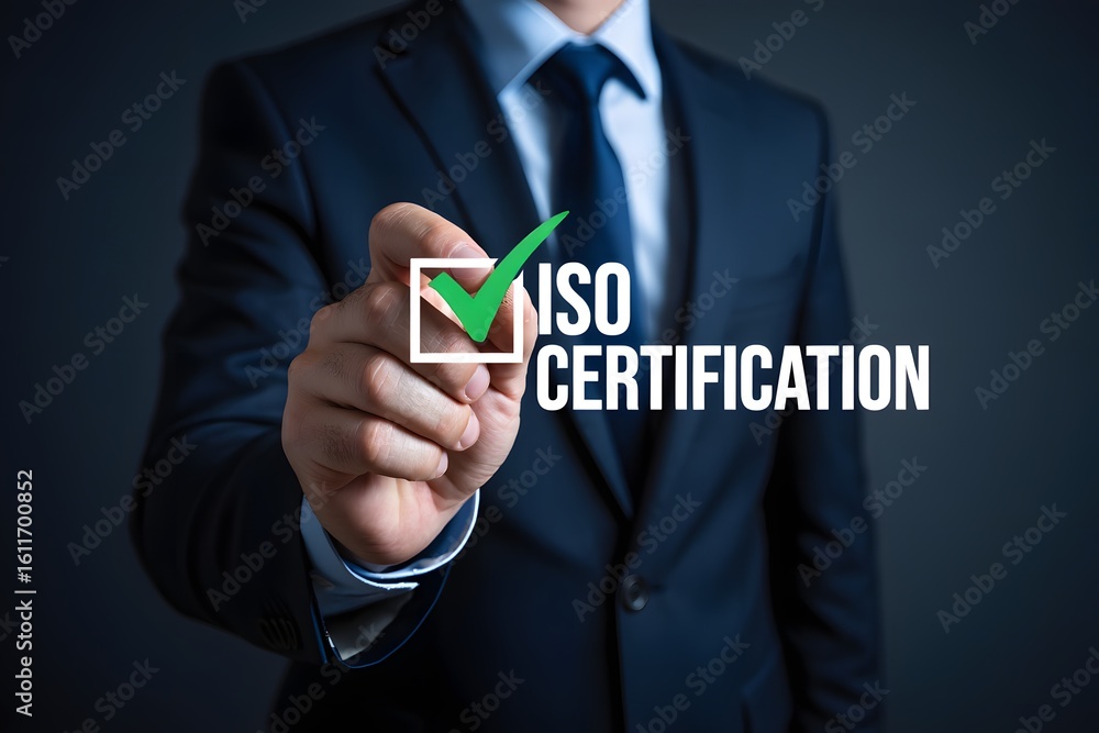 Aufkleber iso certification approval concept. a person highlighting iso certification process with a glowing c