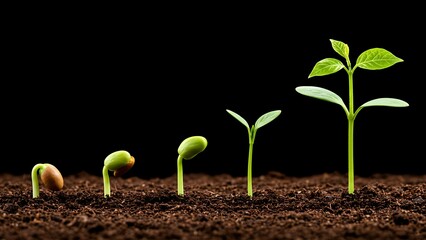 A sequence of seedling growth stages is shown, starting from a seed to a sprout with leaves, illustrating the natural life cycle and the power of nurturing.