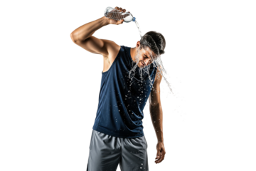 Sweating young man pouring refreshing water over his head to cool down after exercise.