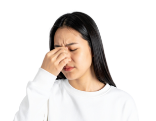 Young woman pinching her nose 鼻をつまむ若い日本人女性　背景透過PNG