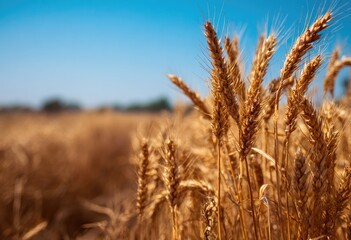 Fototapeta premium Golden wheat stalks stand tall in a sun-drenched field under a vibrant blue sky, their ripe grains ready for harvest