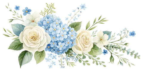 Cream roses and blue hydrangeas with greenery flowers