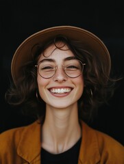 Smiling Woman in Mustard Jacket and Round Glasses