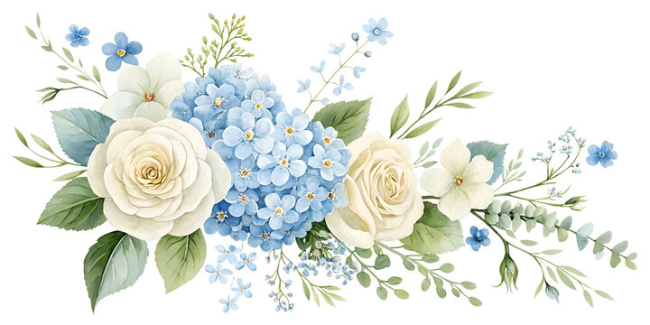 Cream roses and blue hydrangeas with greenery flowers