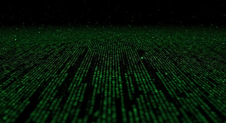 Abstract Green Digital Code Flowing Across Dark Background with Particles