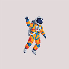 An astronaut in an orange and blue spacesuit is floating with one arm raised in a friendly wave.