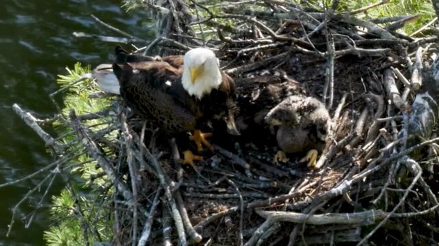 A majestic bald eagle stands guard over its fluffy baby chicks in a sturdy nest perched high above a flowing river, showcasing wildlife in spring.