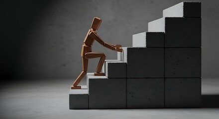 Wooden mannequin climbing concrete stairs, symbolizing progress and achieving goals
