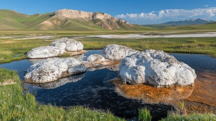 White rocks in shallow pool, grassy plain, mountains