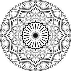 Black and White Mandala Art with Symmetrical Floral Motifs, Circular Geometric Shapes and Decorative Petal Elements for Meditation Design