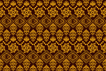Traditional Thai floral pattern in gold on a dark brown background. The seamless design features elegant vintage motifs with geometric and botanical elements. Ideal for textiles, wallpapers, invitatio