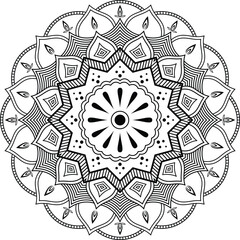 Black and White Mandala Art with Symmetrical Floral Motifs, Circular Geometric Shapes and Decorative Petal Elements for Meditation Design