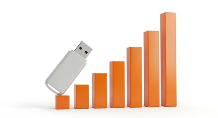 Data storage growth visualized with USB drive on rising bar chart on white