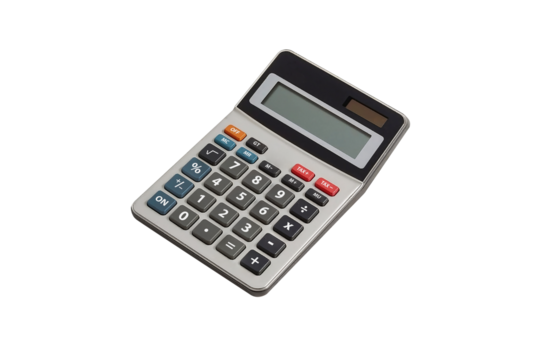 Basic solar-powered calculator with large buttons and display, office and school math tool.
