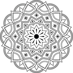 Black and White Mandala Art with Symmetrical Floral Motifs, Circular Geometric Shapes and Decorative Petal Elements for Meditation Design