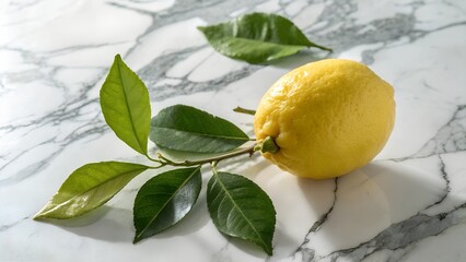 a fresh lemon with green leaves on marble capture