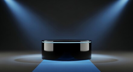 Elegant black podium with blue neon accents illuminated by spotlights