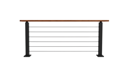 Elegant railing system with contemporary design featuring wooden top and metal wires