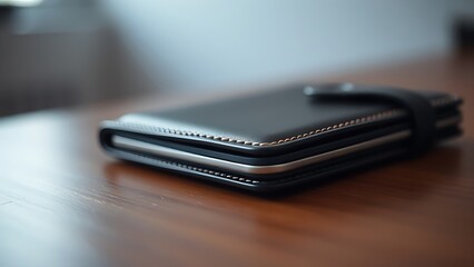 A sleek wallet lies on a wooden surface, highlighted by warm ambient lighting in a minimalist setting.