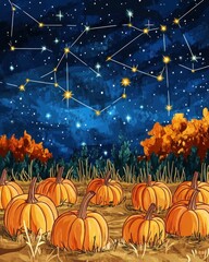 Bright pumpkin patch under a starry sky with smiling constellations. A positive and colorful design for autumn nights.