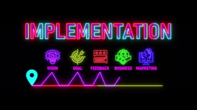 glowing neon implementation plan concept with thin line icons on black background. Infographic design. Chart with animated icons.