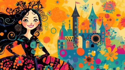 Fototapeta premium Happy girl in a colorful gothic dress smiling in front of a playful castle. A vibrant design for fantasy or storybook themes.
