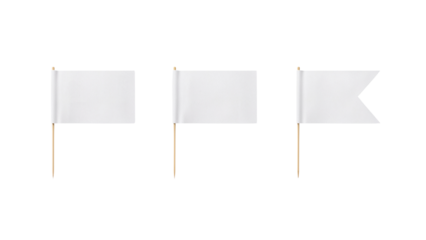Isolated trio of minimalist white flags on sticks against a transparent area, conceptual design