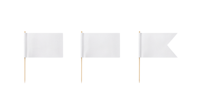 Isolated trio of minimalist white flags on sticks against a transparent area, conceptual design