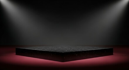 Elegant spotlight illuminated black podium on red carpet, studio backdrop