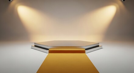Elegant product showcase with spotlight illuminating a geometric stage and golden carpet