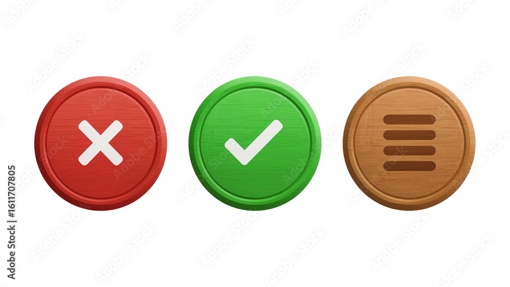 Poster set of stylish wooden app buttons representing cancel accept and menu options for interface design