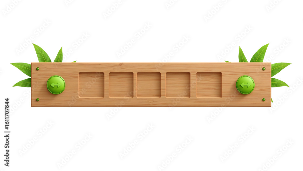 Aufkleber natural wooden interface element with green leaves and buttons on a transparent background