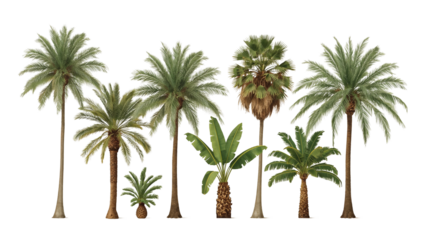 Diverse palm trees on a transparent surface create a tropical oasis with varying heights