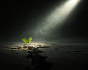 A small plant growing through cracked earth under a spotlight in a dark environment scene image