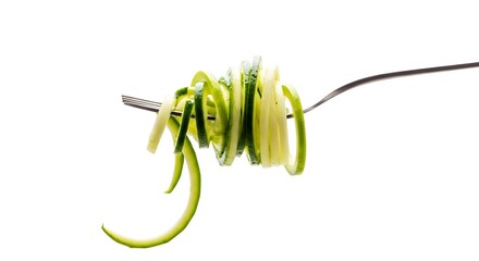 Zucchini Noodles (Zoodles) on a Fork, a Low-Carb Keto Pasta Alternative, Isolated on White Background.