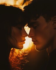 Romantic sunset silhouette of couple touching foreheads
