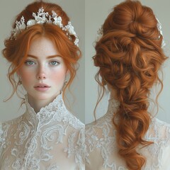 Red-haired bride in ornate lace wedding dress